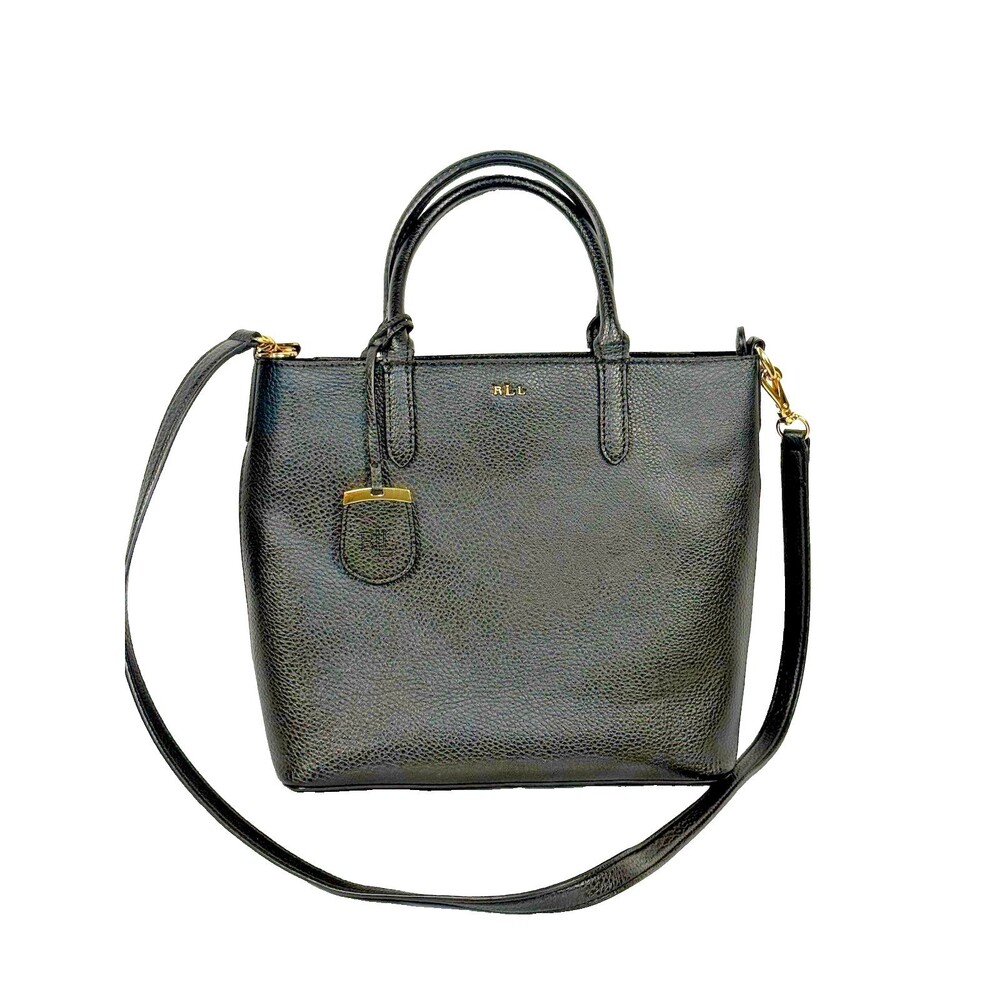 Lauren Ralph Lauren Andover Black Pebbled Tote Satchel Crossbody Bag Gold RLL